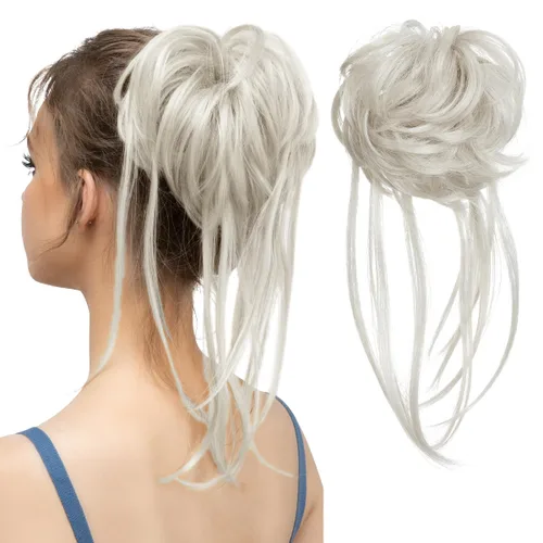 Miniatura 24 de CJL HAIR - Extensión de cabello tipo coletero de chongo desordenado, rizado, sintético, con colas rectas, scrunchies para peinados de moño