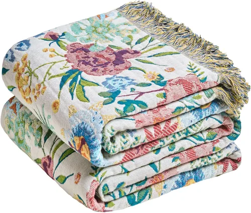 Miniatura 49 de MSGKV Manta de Tiro 100% Algodón para Cama Sofá Otoño 90''x 98'' Mantas de Muselina Súper Suaves Cálidas Colcha Bohemia Ligera Mantas Decorativas