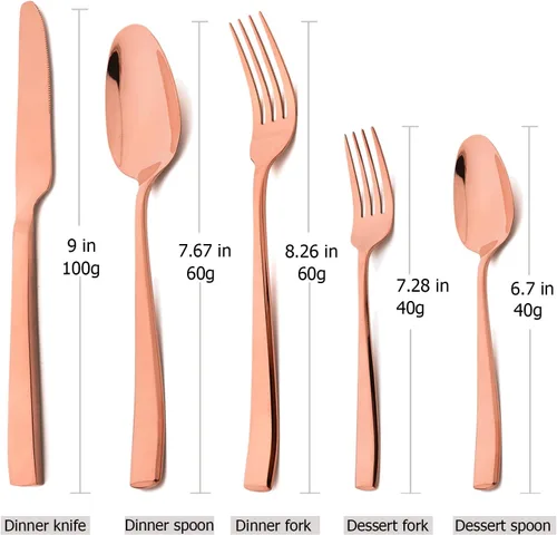 Miniatura 7 de Juego de cubiertos de oro rosa de 20 piezas, cubiertos de acero inoxidable 18/10, juego de vajilla resistente, incluye cuchillo, tenedor/cuchara