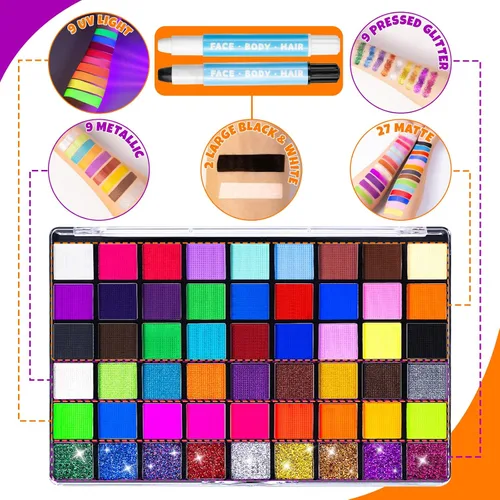 Miniatura 6 de Kit de pintura facial de 54 colores para niños, kit de maquillaje de pintura facial no tóxica con plantilla, libro guía, kit de maquillaje