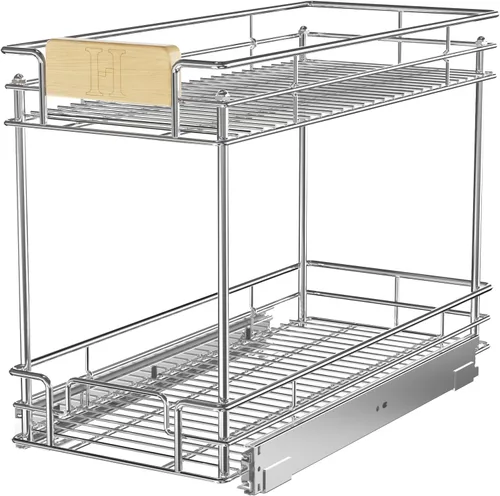 Miniatura 10 de ROOMTEC Organizador de gabinete extraíble con mango de madera, 19½ pulgadas de ancho x 21½ pulgadas de profundidad, 2 niveles, cajones extraíbles