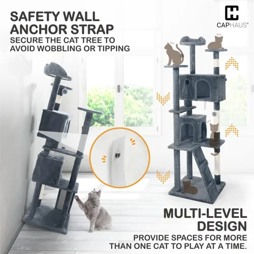 Miniatura 3 de CAPHAUS Torre para Gatos de Interior con Juguete de Varita para Gatos, Moderno y Lindo Árbol para Gatos de 74 Pulgadas con Percha Ampliada para Gris