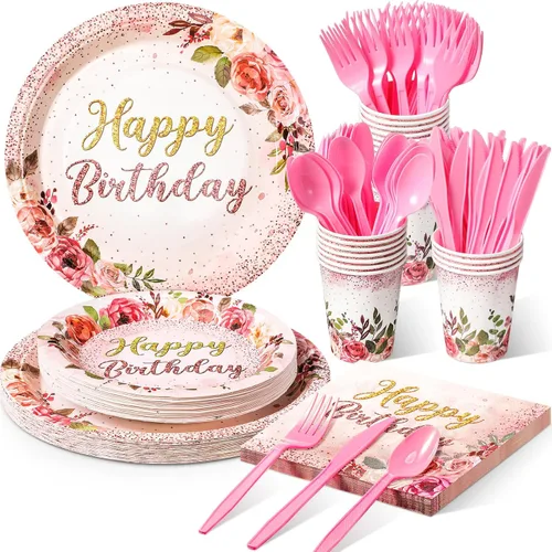 Miniatura 8 de Roshtia 175 piezas de suministros florales para fiesta, sirven a 25 invitados, juegos de vajilla de rosa de feliz cumpleaños para adultos y mujeres