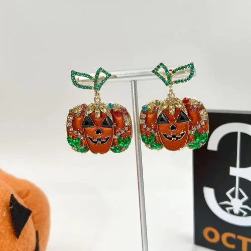 Miniatura 4 de Aretes de calabaza de Halloween para mujer, aretes colgantes de calabaza de cristal rojo, gato negro, calabaza roja, aretes de calabaza de Acción