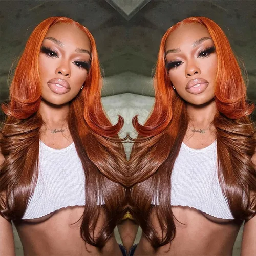 200% de densidad 13X6 Peluca de encaje frontal con reflejos ombre de pelo humano para mujeres, peluca de encaje frontal color naranja rojizo con