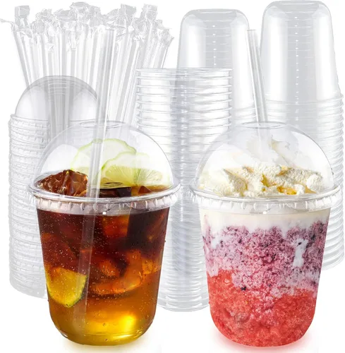 Miniatura 6 de Qsqwsuye Juego de 50 vasos desechables de plástico transparente de 12 onzas con tapas de cúpula y pajitas, vasos de plástico duraderos para fiestas