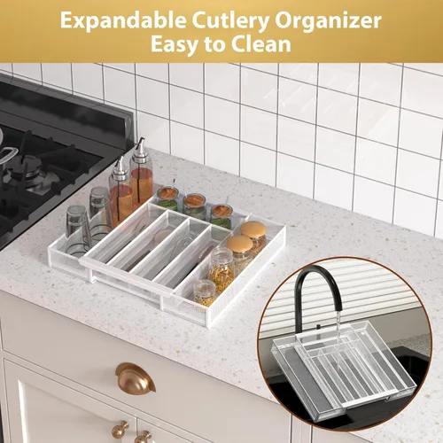 Miniatura 5 de Sedegn Organizador de utensilios de cocina expandible – Bandeja de cubiertos ajustable de 9.6 a 16.1 pulgadas con 5 – 7 compartimentos – Se adapta a