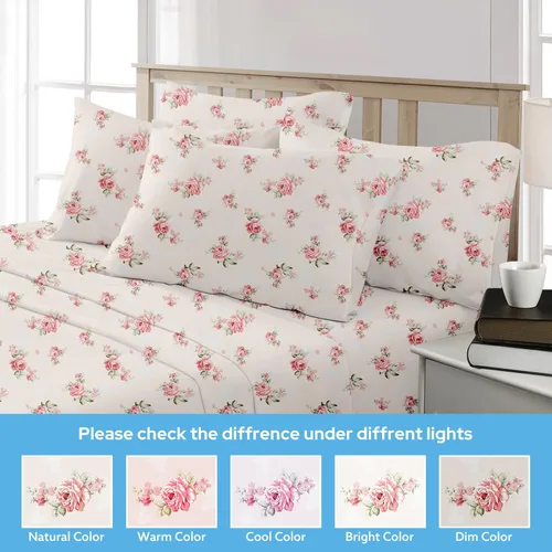 Miniatura 6 de BYSURE - Juego de sábanas para cama de tamaño Queen, 6 piezas (rosa floral), sábanas con patrón botánico de estilo cabaña, ropa de cama de Flor