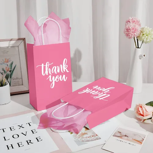 Miniatura 9 de DjinnGlory Paquete de 50 pequeñas bolsas de regalo de papel rosa con asas de 9 x 5.5 x 3.15 pulgadas y 50 papel de seda rosa para recuerdos