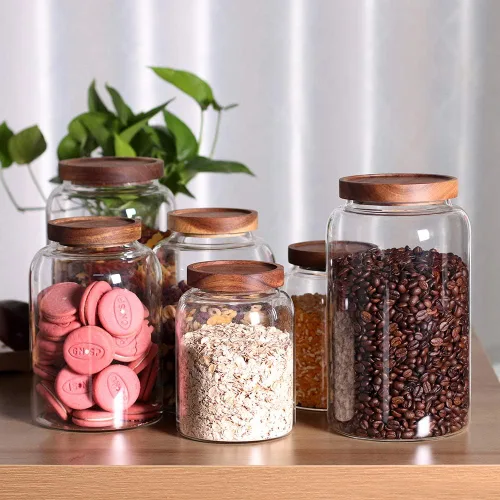 Miniatura 6 de LEAVES AND TREES Y Tarro de almacenamiento de vidrio grueso, recipiente de almacenamiento de alimentos con tapa de madera hermética para té, café