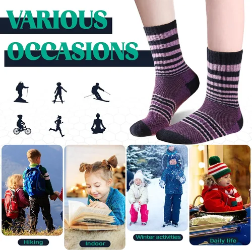 Miniatura 6 de DoSmart Calcetines de senderismo de lana merino para niños y niñas, térmicos, cálidos, gruesos, acogedores, acolchados, 6 pares