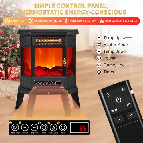 Miniatura 5 de Calentador de Chimenea Eléctrica de 22 pulgadas Chimenea Independiente Estufa Chimenea Infrarroja RealSmart con Efecto de Llama 3D, Control Remoto