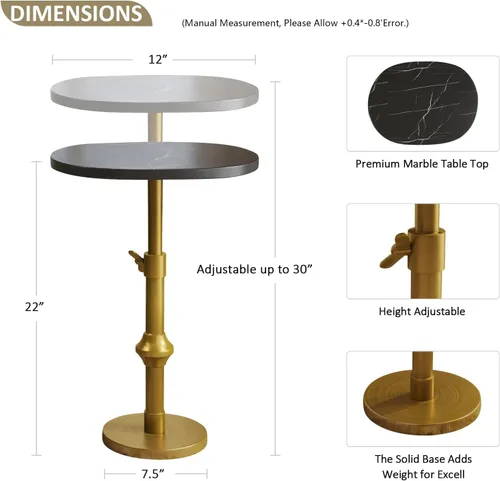 Miniatura 3 de WHGBJA Mesa de bebida ajustable, mesa de Martini de 10 x 12 pulgadas (22 ~ 30 pulgadas), con base de metal de latón antiguo, mesas de bebidas