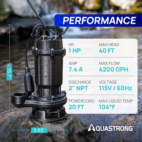 Miniatura 7 de Aquastrong Bomba de amoladora de aguas residuales de 1 HP, bomba de aguas residuales de 4200 GPH de descarga de 2 pulgadas, bomba de sumidero