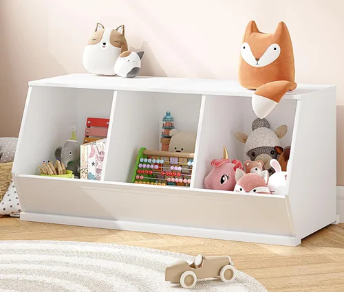 Miniatura 9 de UTEX Armario apilable de almacenamiento de juguetes, organizador de cubos de madera, estante blanco para sala de juegos, dormitorio, sala de estar