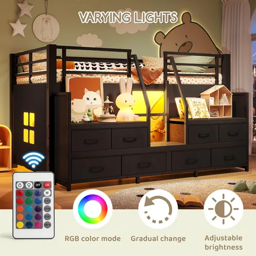 Miniatura 5 de Bellemave Twin Size Low Loft Bed with 8 Fabric Storage Drawers,Metal Loft Bed Frame with Shelves and LED Lights for Boys Girls,Kids Loft Bed Twin
