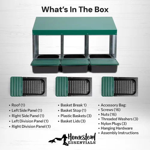 Miniatura 7 de Homestead Essentials Caja anidable de 3 compartimentos de estilo compacto, despliegue hacia adelante y Rollaway, gallina y pollo con tapas