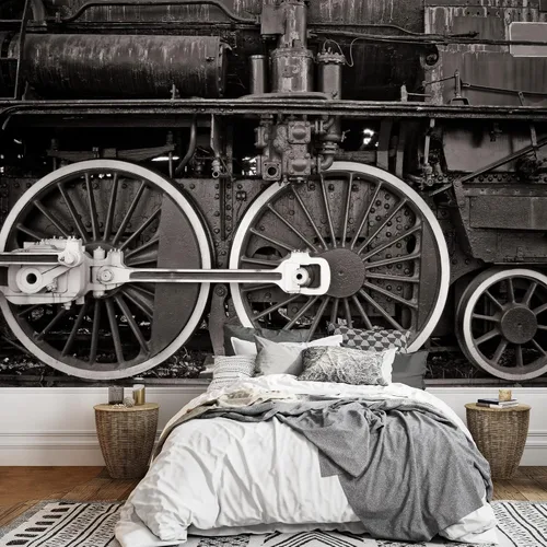 wall26 - Detalle de rueda de locomotora vieja en blanco y negro cálido - Mural de pared extraíble | Papel pintado grande autoadhesivo - 66 x 96