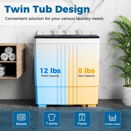 Miniatura 5 de COSTWAY Lavadora portátil, lavadora de doble tina con capacidad de 20 libras, lavadora compacta de lavandería (12 libras) y centrifugadora