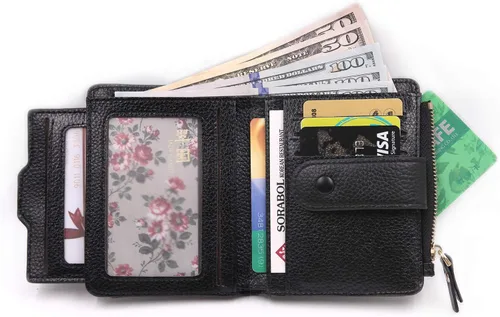 Miniatura 2 de Mini cartera plegable de cuero suave con protección RFID, para mujer, con funda para tarjeta, con ventana de identificación, monedero