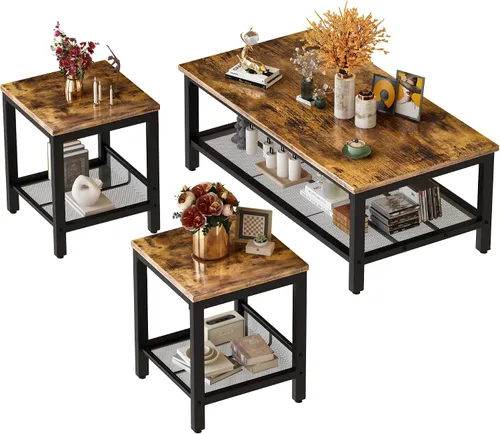Miniatura 8 de Conjunto de 3 mesas de café AWQM, mesa de café industrial con 2 mesas auxiliares cuadradas, conjunto de mesas modernas para sala de estar con marco