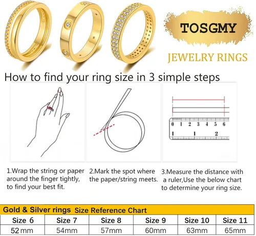 Miniatura 6 de TOSGMY Anillos de oro y plata para mujer, sin deslustre, anillos apilables modernos y delicados chapados en oro de 18 quilates, con circonita