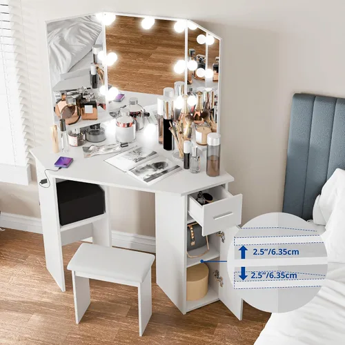 Miniatura 6 de Escritorio pequeño de esquina con espejo y luces, mesa de tocador de maquillaje para dormitorio con cajones deslizantes y armario de almacenamiento