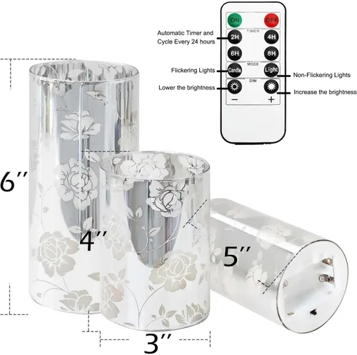 Miniatura 6 de Velas de Cristal Florales Sin Llama Rosa Románticas Operadas con Batería con Control Remoto Parpadeantes LED Plateadas Vela de Pilar de Cera Real