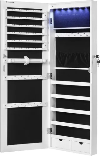 Miniatura 8 de SONGMICS Gabinete colgante de joyería, gabinete de pared con luces interiores LED, organizador de joyas montado en la puerta, espejo de cuerpo Blanco