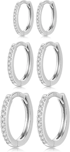 Miniatura 2 de Juego de 4 pares de aretes de aro pequeños de plata de ley 925 para mujer, con circonita cúbica, aretes de hélix para múltiples piercings
