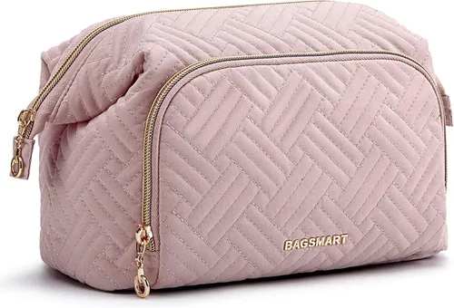 BAGSMART Bolsa de maquillaje de viaje, bolsa de cosméticos, estuche organizador de maquillaje, bolsa grande de apertura amplia para mujeres, bolso