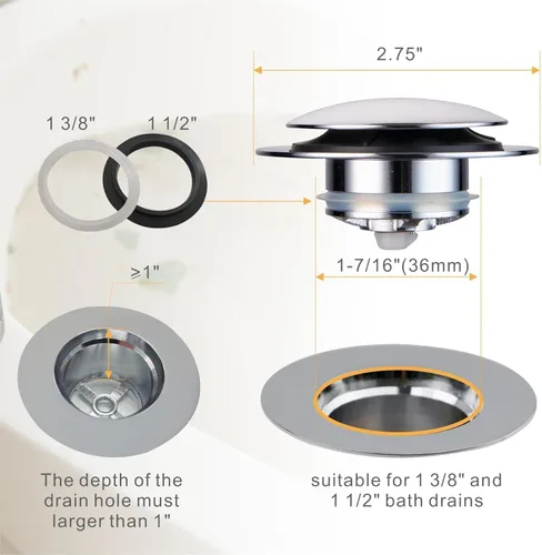 Miniatura 7 de Wellup Tapón de drenaje universal desplegable para bañera de repuesto con punta cromada, elevación y giro para bañera, tapón de baño chapado