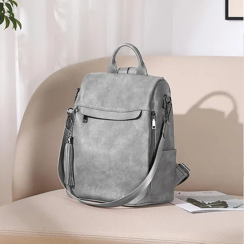 Miniatura 13 de Bromen - Mochila tipo bolso de mano de piel antirrobo para mujer a la moda, Beige floral, L
