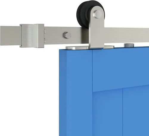 JUBEST Kit de herrajes para puerta corrediza de granero de níquel satinado, kit de riel plano de una sola puerta, rodillo montado en la parte