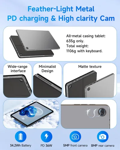 Miniatura 8 de Computadoras portátiles 2 en 1 de 11 pulgadas, PC con pantalla táctil Win 11 compatible con Twin Lake N150, 12GB RAM 256GB SSD, 1920x1200 IPS FHD