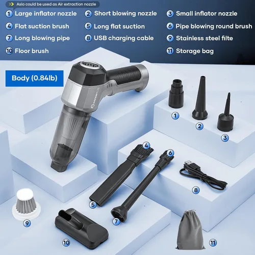 Miniatura 6 de SakerPlus Aspiradora Mini, Aspirador de Coche 3 en 1 de Alta Potencia, Succión Potente de 15000PA, Aspiradora de Aire y Polvo, 7500mAh, Filtro Dual