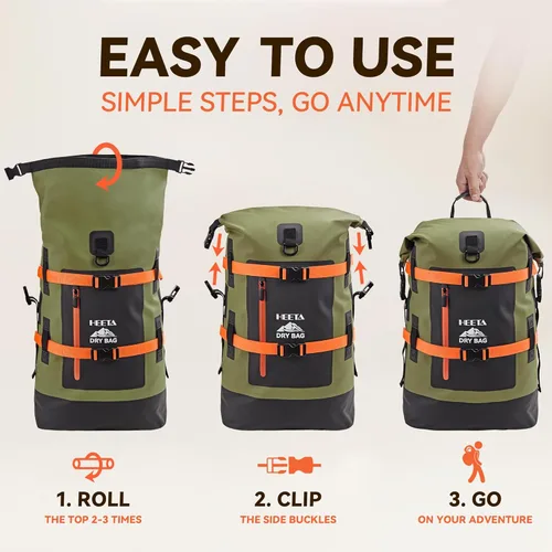 Miniatura 3 de HEETA - Bolsas secas impermeables para hombres y mujeres, mochila de 40 L, con parte superior enrollable, mochila de senderismo resistente para Verde