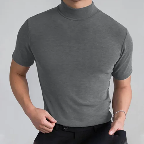 Miniatura 2 de Camiseta de manga corta para hombre, básica, cuello alto, ajustada, sin botones, térmica, sólida