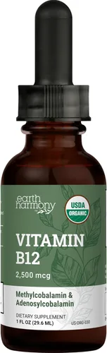 Earth Harmony Naturals Suplemento Líquido Sublingual Orgánico Vegano de Vitamina B12 - Gotas de Metilcobalamina de 2500mcg para Energía Natural,
