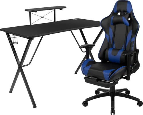 Miniatura 28 de Flash Furniture Juego de escritorio para juegos negro y silla de carreras blanco/negro con soporte para tazas, gancho para auriculares y soporte