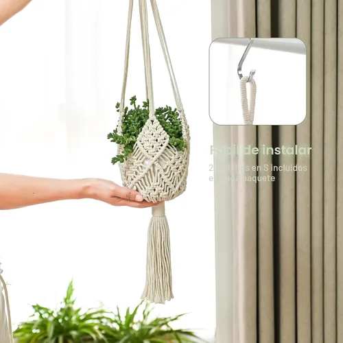 Miniatura 9 de Maceta Colgante con Patrones, Juego de 4 Colgadores de Macramé para Plantas de Interior, para Macetas de hasta 8 Pulgadas, Soporte de Ganchillo Boho