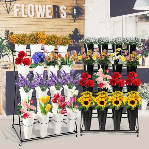 Miniatura 7 de Soporte de exhibición de flores con cubos, soporte de metal para plantas de 3 capas con ruedas, estante móvil para ramo de floristería para tienda