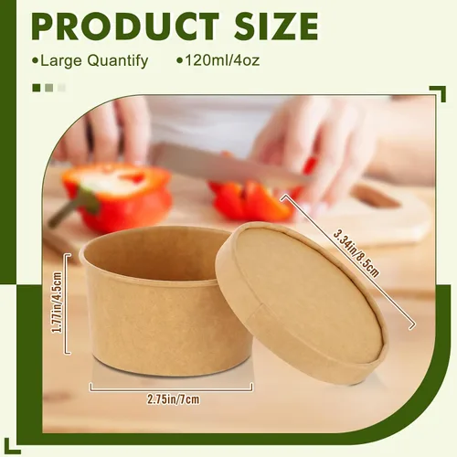 Miniatura 2 de Paquete de 100 recipientes de papel de 4 onzas para sopa con tapas ventiladas, recipientes desechables para alimentos, tazas de helado de estraza