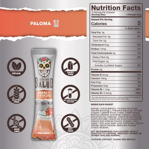 Miniatura 4 de Salud - Bebida energética 2 en 1 en polvo + Focus, Paloma, cafeína orgánica, B6 + B12, teanina, paquetes de bebida energética limpia, mezcla de agua