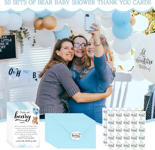 Miniatura 7 de Kisston 50 juegos de tarjetas de agradecimiento para baby shower de oso de 4 x 6 pulgadas, tarjetas de felicitación de oso con 50 sobres y Azul