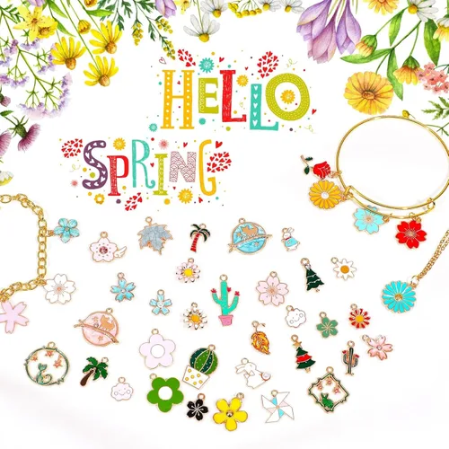 Miniatura 5 de MARFOREVER 120 dijes con temática floral de primavera y verano, dijes de flores para hacer joyas, colgantes de esmalte dorado surtidos