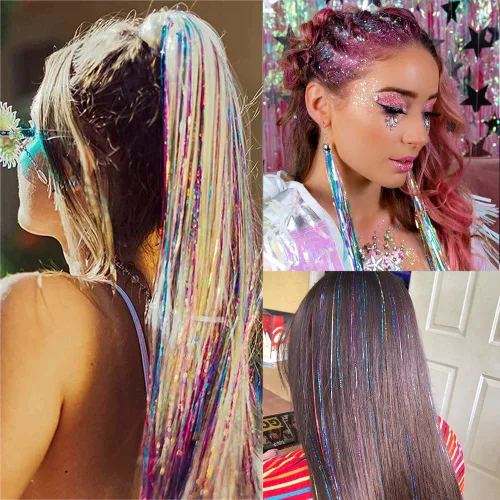 Miniatura 6 de Kit de oropel para el cabello, 18 colores de 48 pulgadas, extensiones de cabello de oropel de hadas resistentes al calor con herramientas, CC