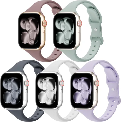 Miniatura 8 de Paquete de 5 bandas de silicona delgadas compatibles con Apple Watch de 38mm 42mm 40mm 44mm 41mm 45mm 46mm 49mm, correa deportiva estrecha y delgada
