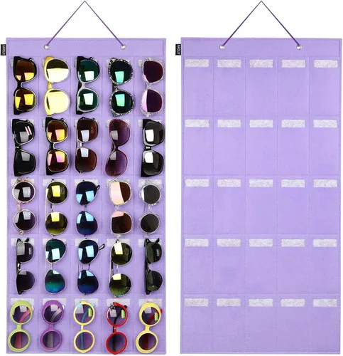 Miniatura 10 de AROUY Organizador de gafas de sol, organizador de gafas con bolsillo para colgar en la pared - Organizador de gafas de sol con 16 ranuras de fieltro