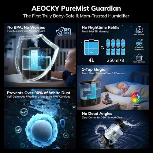 Miniatura 2 de AEOCKY Humidificador Geek Level para bebé, humidificadores ultrasónicos silenciosos para dormitorio, cuarto de bebé con luz ambiental, difusor